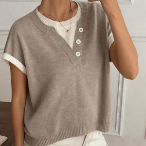 TEMU 여성 캐주얼 출퇴근 대비색 조끼, 캐주얼 컬러 블록 헨리 스웨터, 부드러운 투인원 여성 스웨터, 여름 캐주얼 웨어