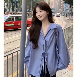 TEMU 2026 봄/가을 신상 여성용 긴팔 셔츠, 우아한 앞면 넥타이 프레피 스타일 루즈핏 오버사이즈 데이트 출퇴근 홈웨어 겉옷 긴팔 블라우스