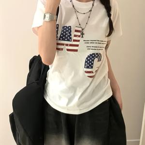 TEMU 국기 레터 프린트 패턴 남녀공용 반팔 티셔츠 여름 상의