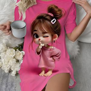 TEMU 귀여운 인물 프린트 편안한 반팔 크루넥 나이트 드레스 | 캐주얼 스타일, 봄/여름에 완벽, 성인용으로 이상적