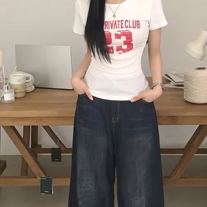TEMU 레터 및 숫자 프린트 캐주얼 슬림핏 반팔 티셔츠, 남녀공용 스타일
