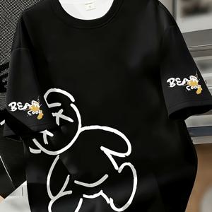 TEMU 디지털 프린트 - 남성용 그린 티셔츠 - 흰 토끼와 곰 패턴 프린트, 루즈핏 캐주얼 여름 반팔 크루넥 셔츠, 통기성 좋은 원단, 세탁기 사용 가능, 편안한 스트리트 스타일, 편안한 핏, 재미있는 디자인, 내구성 좋은 프린트 탑