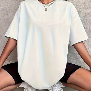 TEMU 플러스 사이즈, 플러스 사이즈 오버사이즈 라운드 넥 반팔 티셔츠 - 솔리드 컬러 캐주얼 블라우스, 캐주얼 복장을 위한 다용도 베이직 탑, 중성색상의 기계 세탁 가능한 루즈핏 튜닉 (네이비) - 재고 있음!