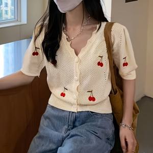 TEMU 봄 여름 패션 통기성 귀여운 체리 자수 여성 가디건 스웨터