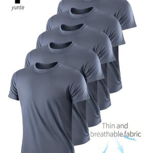 TEMU 남성용 가벼운 크루넥 티셔츠 5pcs - 그레이, 네이비, 형광 그린 - 빠른 건조, 통기성, 수분 흡수 기능, 피트니스, 헬스, 러닝용, 가볍고 편안한 운동용 퀵드라이 반팔 티셔츠