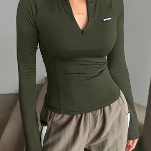 TEMU 세미 라운드 넥라인, 세미 오픈 프론트, 레터 실리콘 프린트, 슬림핏 긴팔 여성 스웨터, 엘레강트 스페셜 에디션