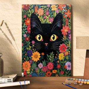 TEMU 1pc 프레임리스 아크릴 캔버스 그림 키트, 귀여운 검은 고양이와 꽃 배경, DIY 풍경 테마 홈 장식, 완벽한 선물, 16x20 인치 - DIY 방 장식