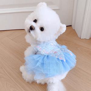 TEMU 소형견 및 고양이용 반려동물 의류, 봄/여름 경량 고급 스카이 블루 메쉬 스커트, 입체적인 대형 나비, 웨딩드레스, 민소매 조끼, 공주 드레스