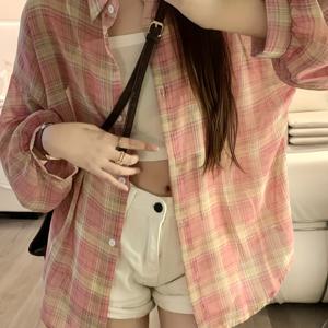 TEMU 체크무늬 경량 쉬폰 자외선 차단 셔츠, 활용도 높은 여름용 루즈핏 캐주얼 아우터웨어, 여성용 에어컨 상의