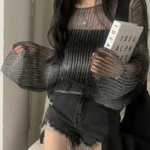 TEMU 여성용 경량 빈공간 긴팔 니트 상의, 새로운 여름 디자인과 그라데이션 효과를 특징으로 하며, 편안한 핏으로 슬리밍한 느낌을 주며, 태양 보호 커버업으로 완벽하고, 짧은 스타일로 완성됩니다.