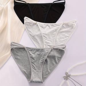TEMU 팩 3개입! 여성용 로우웨이스트 팬티, 링 장식 더블 벨트, 심플한 블랙 & 그레이 + 화이트 & 그레이 + 딥 트리컬러 편안하고 통기성 좋은 쇼츠