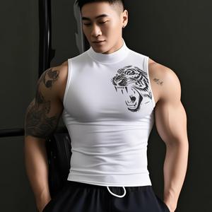 TEMU 남성용 타이거 프린트 피트니스 조끼, 속건성 농구 조끼, 하이넥 고신축성 바디수트, 트레이닝 민소매 티셔츠