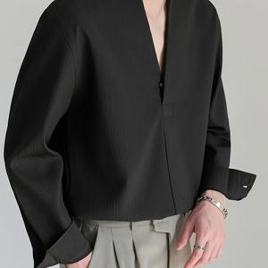 TEMU 남성용 선물, 남성용 봄/여름 긴팔 브이넥 헨リー 셔츠, 단색 남성 캐주얼 데일리 상의 티셔츠 정장 셔츠, 남성 의상, 남자친구 선물