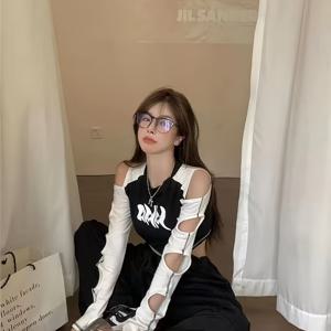 TEMU 스위트 앤 쿨 Y2K 스파이시 디자인 홀아웃 오프숄더 반팔 긴팔 티셔츠 여성 가을 신상 패션 힙합 스타일 개성 있는 시크한 노출 허리 감성 다재다능 탑