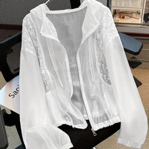 TEMU 화이트 텐셀 자외선 차단 의류 아이스감 소재 여성 자수 스티칭 디자인 재킷 신상 봄/여름 얇은 후드 자외선 차단 재킷