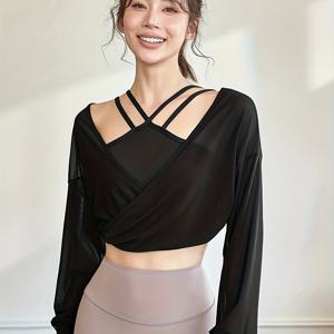 TEMU 여성용 통기성 메쉬 요가 탑, 다용도 코트 스타일 트위클라이트 얀, 캐주얼 러닝 긴팔 여성용 피트니스 웨어, 탑 1개 (브라 제외)