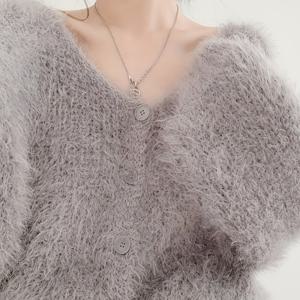 TEMU 2025 가을 겨울 게으른 V넥 싱글 로우 버튼 가디건 페이크 치치라 소프트 긴소매 쉐지 오픈 프론트 여성 의류