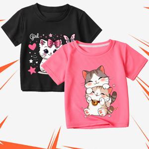 TEMU 2개 세트 여아용 귀여운 고양이 티셔츠 - 발바닥 프린트 & 고양이 얼굴 장식이 있는 귀여운 고양이 반팔 블라우스, 봄 여름 놀이 옷, 고양이 아웃핏 (2개) - 손세탁 가능한 라운드넥 티셔츠