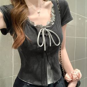 TEMU 여성 배색 레이어드 반팔티셔츠 프릴 리본 스퀘어넥 페이크 투피스 슬림핏 날씬해보이는 러블리 하이틴룩 데이트룩 꾸안꾸 여름 데일리 코디 상의