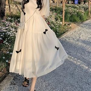 TEMU 여성 스퀘어넥 퍼프소매 롱원피스 리본 캉캉원피스 러블리 페미닌 데이트룩 바캉스룩 루즈핏 체형커버 첫사랑룩 시원한 여름 휴양지