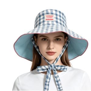 TEMU 1개 체크 레이스업 낚시모, 여성용 낚시모, 대비 엣지 라벨 디자인 빔 모자, 체크 빔 모자, 레이스업 낚시모. 여성용 아웃도어 모자