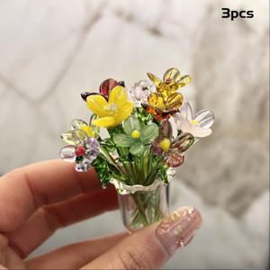 TEMU 3개 세트 순수 수제 유리 미니 꽃 조각상 - 정교한 파스텔 튤립 부케, 투명 꽃병에 전시, 공예, 사진 소품 및 테이블 장식에 적합, 부활절, 성 패트릭 데이 이상적인 선물