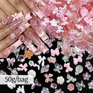 TEMU 아크릴 네일용 카와이 3D 네일 아트 참 50g - 혼합 수지, 꽃, 하트 & 리본, 하트, 나비 장식, DIY 매니큐어용, 여성용 네일 액세서리, 홈 살롱 네일 장식