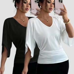 TEMU 2pcs 세트 여성 캐주얼 와이드 소매 V넥 단색 슬림핏 반팔 티셔츠