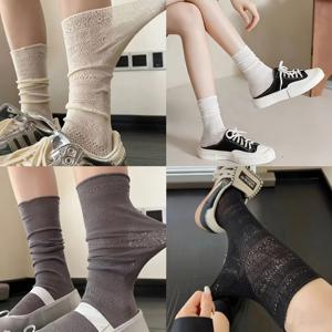 TEMU 여름용 얇은 단색 镂空 슬라우치 양말 4켤레, 레이스 종아리 양말, 레그 삭스, 니치 빈티지 스타일 섹시 양말