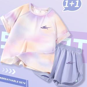 TEMU [JEANSWEST 키즈] 여아용 트렌디 여름 캐주얼 스포츠 속건 반팔 티셔츠 & 반바지 세트. 간편한 프린트, 귀여운 디자인, 그리고 패셔너블한 다용도 감각이 특징입니다. 반팔과 페이크 투피스 반바지 세트가 포함되어 있으며, 야외 활동에 적합합니다.