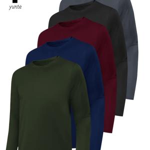 TEMU 5pcs 밀리터리 그린-네이비 블루-버건디-블랙-회색 남성용 운동 긴팔 라운드넥 셔츠 세트, 속건성 탑, 피트니스 운동복, 캐주얼 야외 스포츠 웨어, 바디 쉐이핑 피트니스 웨어