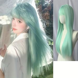 TEMU 26인치 그린 애니메이션 스타일 긴 합성섬유 가발, 고화질 헤어 민트 그린 가발, 코스프레 및 파티웨어용, 내열성 합성섬유 뮤직 페스티벌 버튼망 긴 헤어