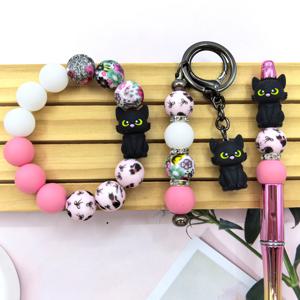 TEMU 25개 입체 검은 고양이 모양 실리콘 구슬 및 15mm 고양이 프린트 구슬 동물 꽃무늬 프린트 테마 세트, 장식용 구슬 - DIY 공예 용품 액세서리, 구슬 귀걸이, 구슬 목걸이, 구슬 랜야드, 구슬 메이크업 브러시와 같은 구슬 주얼리 용품에 적합, DIY 공예 선물, 추수감사절 할로윈 선물에 적합