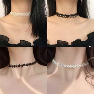 TEMU 4개입 작은 꽃 레이스 초커 목걸이, 블랙 앤 화이트, 간편하고 활용도 높은 숏 칼라본 체인