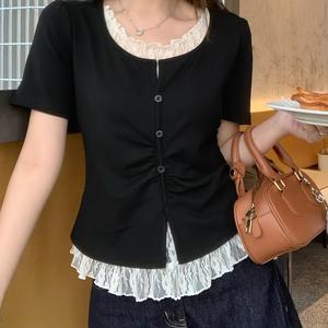 TEMU 여성 레이스 배색 반팔 티셔츠 셔링 버튼 슬림핏 날씬해보이는 Y2K 빈티지 러블리 레이어드룩 페미닌 데이트룩 꾸안꾸 프릴 뱃살커버 상의 블랙