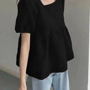 TEMU 여성 여름 캐주얼 스퀘어넥 솔리드 통기성 5부 블라우스 심플 예쁜 반팔 편한 부드러운 쉬폰 셔츠 상의 슬림소녀 SLIM GIRL