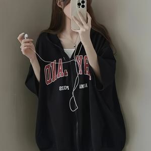 TEMU 여성 반팔 후드 집업 오버핏 레터링 루즈핏 체형커버 반소매 얇은 여름 자켓 가디건 꾸안꾸 마실룩 스트릿 트레이닝 캠퍼스룩