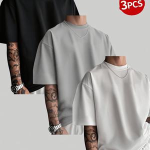 TEMU Lu Heng OBM 남성용 여름 반팔 티셔츠 3개 세트, 100% 폴리에스터 원단, 루즈핏, 스타일리시 캐주얼 크루넥 상의, 봄/여름 아웃도어 남성 의류, 휴일 착용에 적합한 상의