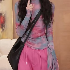 TEMU 우드 이어 레이스 멀티 염색 프린트 스위트 스킨 의류 시어 메쉬 섹시 탑 커버리지 햇빛 가리개 셔츠 봄 가을 패션 캐주얼 베이스 레이어 여성 비치 바캉스 긴소매 하프 하이 스몰 스탠드 칼라 반투명 메쉬 티셔츠