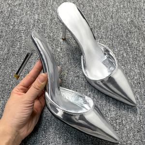 TEMU 여성용 올 시즌 패션 하이힐 슬라이드 | 울트라하이 스틸레토 힐, 뾰족한 앞코, 합성 갑피 및 밑창, 슬립온 클로저, 단색, 여성 신발