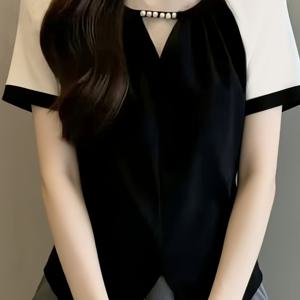 TEMU 플러스 사이즈 여성용 비즈 라글란 반팔 셔츠, 큰 사이즈, 플러스 사이즈 여성에게 적합, 루즈하고 시크한 아름다운 상의, 여성용 패셔너블한 블ouses, 여름 신상 스타일, 루즈하면서도 슬림핏, 입기 쉬운