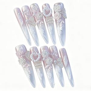 TEMU 10개 누드 반투명 깃털 프레스온 네일, 레진 장미 나비 지르코니아 긴 뾰족 네일 스티커