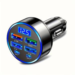TEMU 6개의 USB-C 포트와 디지털 스크린을 갖춘 고속 충전 차량용 어댑터 | 3.1A 고속 충전 | 스마트폰, 태블릿 및 카메라와 호환 | 12V 또는 24V 라이터 소켓에 적합