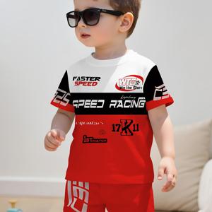 TEMU 아기 남아 및 유아용 2pcs 세트 신상: 캐주얼하고 스타일리시한 크루넥 티셔츠와 반바지 세트, 'SPEED RACING' 레이싱 테마 프린트, 야외 활동에 적합