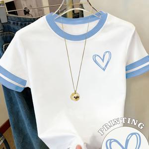 TEMU D345- Y2K 2026 봄 여름 신상 여성용 대비되는 하트 프린트 티셔츠 | 레트로 야구 스타일 반팔 | 스위트 나이 감추는 루즈핏 탑 - LDH2101