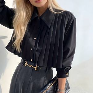TEMU 여성용 플리츠 셔츠 탑, 아코디언 주름, 캐주얼, 엘레강스, 시폰, 프렌치 스타일, 화이트, 블랙, 사무실, 통근용, 긴팔, 비비침 없는, 활용도 높은, 패셔너블, 프로페셔널, 루즈핏, 프ェッピー, 다크 스타일, 최대 65kg용