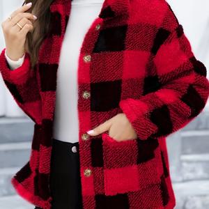 TEMU 크로스보더 신상 패션 캐주얼 프린트 체크 플러시 코트 여성용