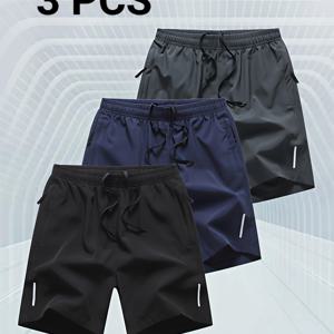 TEMU 남성용 솔리드 컬러 심플 퀵드라이 스포츠 반바지 3pcs, 지퍼 포켓 드로스트링 반바지, 통기성 러닝 농구 트레이닝 반바지, 가벼운 여름 피트니스 짐 반바지, 여름 트레이닝 및 일상복으로 적합