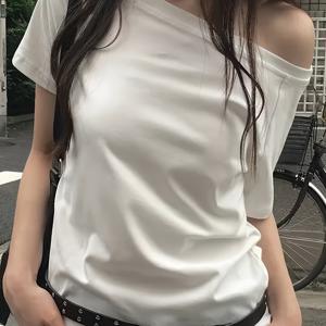 TEMU 여성용 프렌치 스타일 슬라우치 오프숄더 티셔츠, Pure Desire 스파이시 스타일 원숄더 컷아웃 오프숄더 반팔 상의, 여름용 루즈핏 활용도 높은 하이엔드 니치 스타일