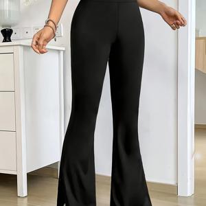 TEMU 여성용 블랙 슬림핏 플레어 팬츠 - 슬릿 밑단 디테일 - 패셔너블한 컴포트 스트레치 허리 - 트렌드와 스타일 애호가를 위한